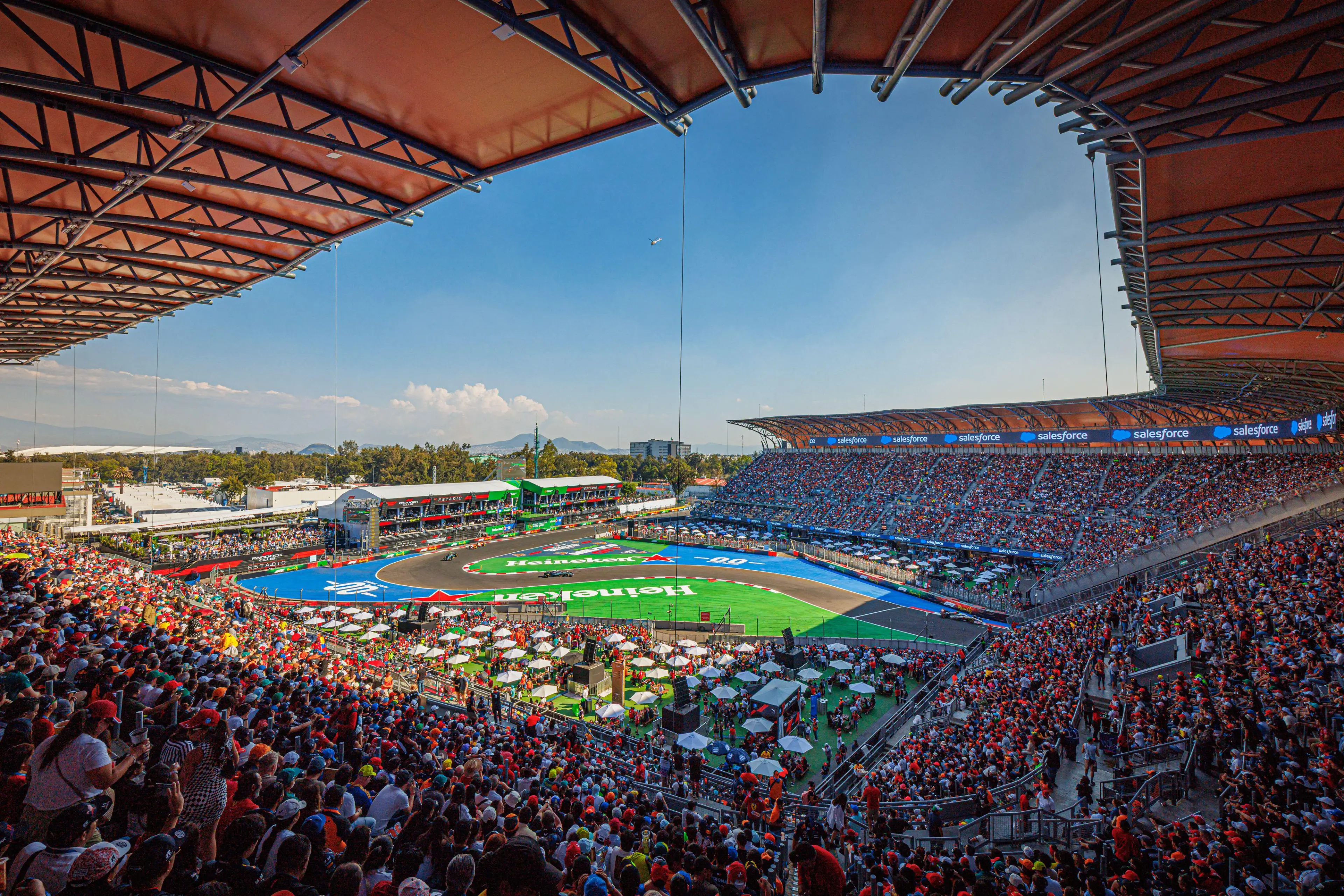 Luftaufnahme des Autódromo Hermanos Rodríguez in Mexiko-Stadt, Austragungsort des Formel 1 Mexiko Grand Prix 2026.